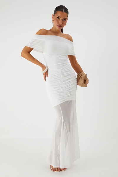 MissPap Off Shoulder Mesh Overlay Maxi Dress White