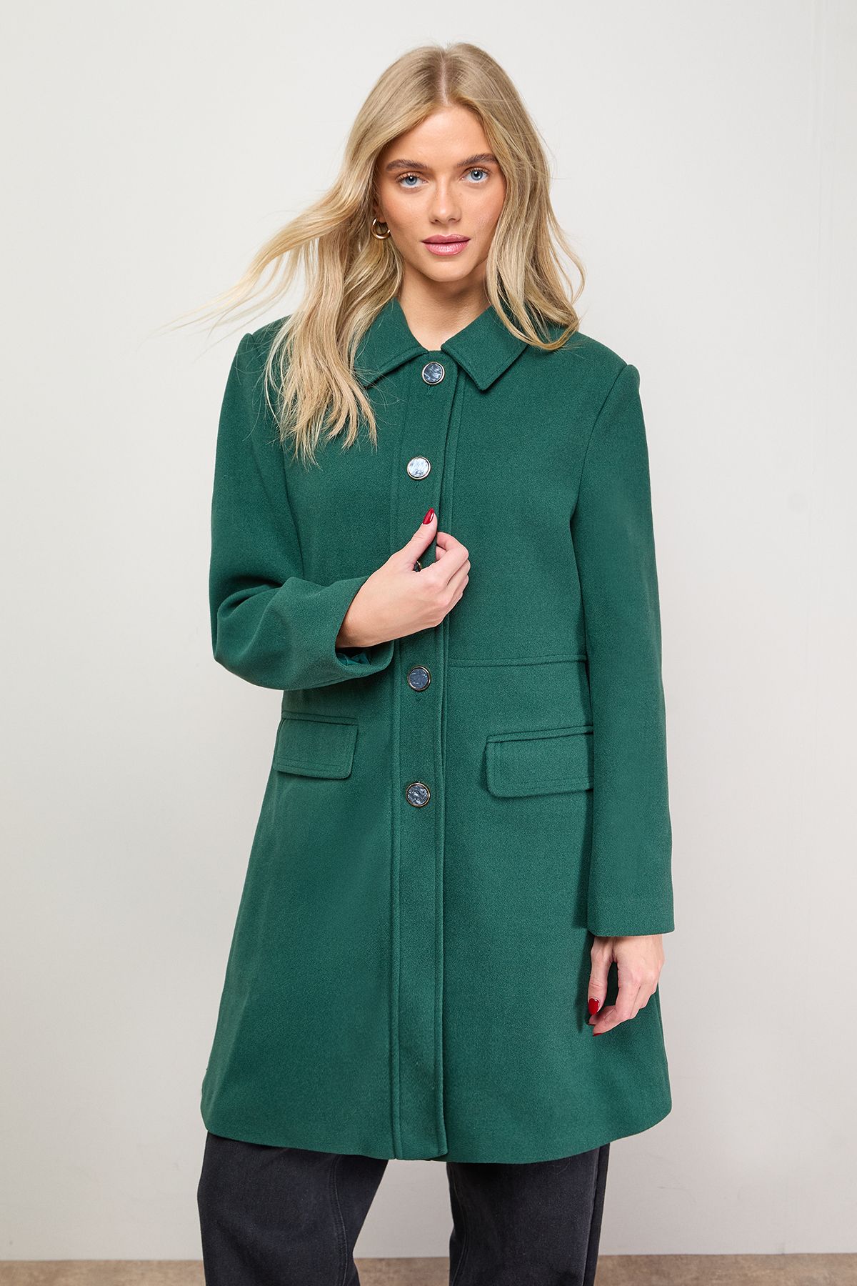 Oasis Faux Wool Button Through Dolly Coat Green image 2