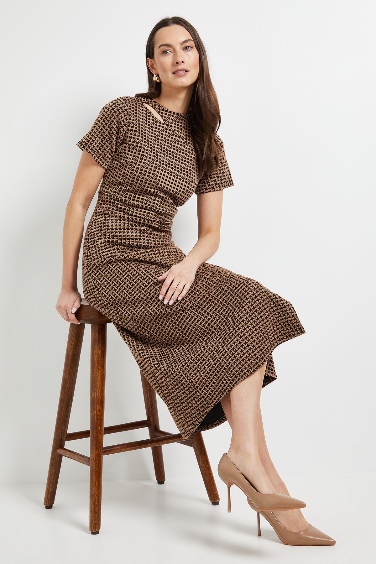 Principles Camel Keyhole Detail Geo Ponte Midi Dress Camel