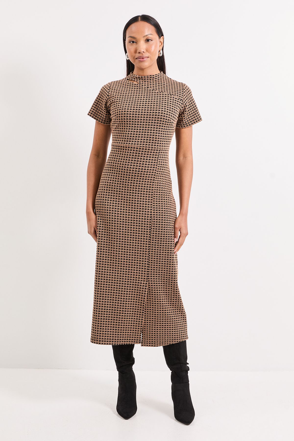 Principles Camel Keyhole Detail Geo Ponte Midi Dress Camel image 1