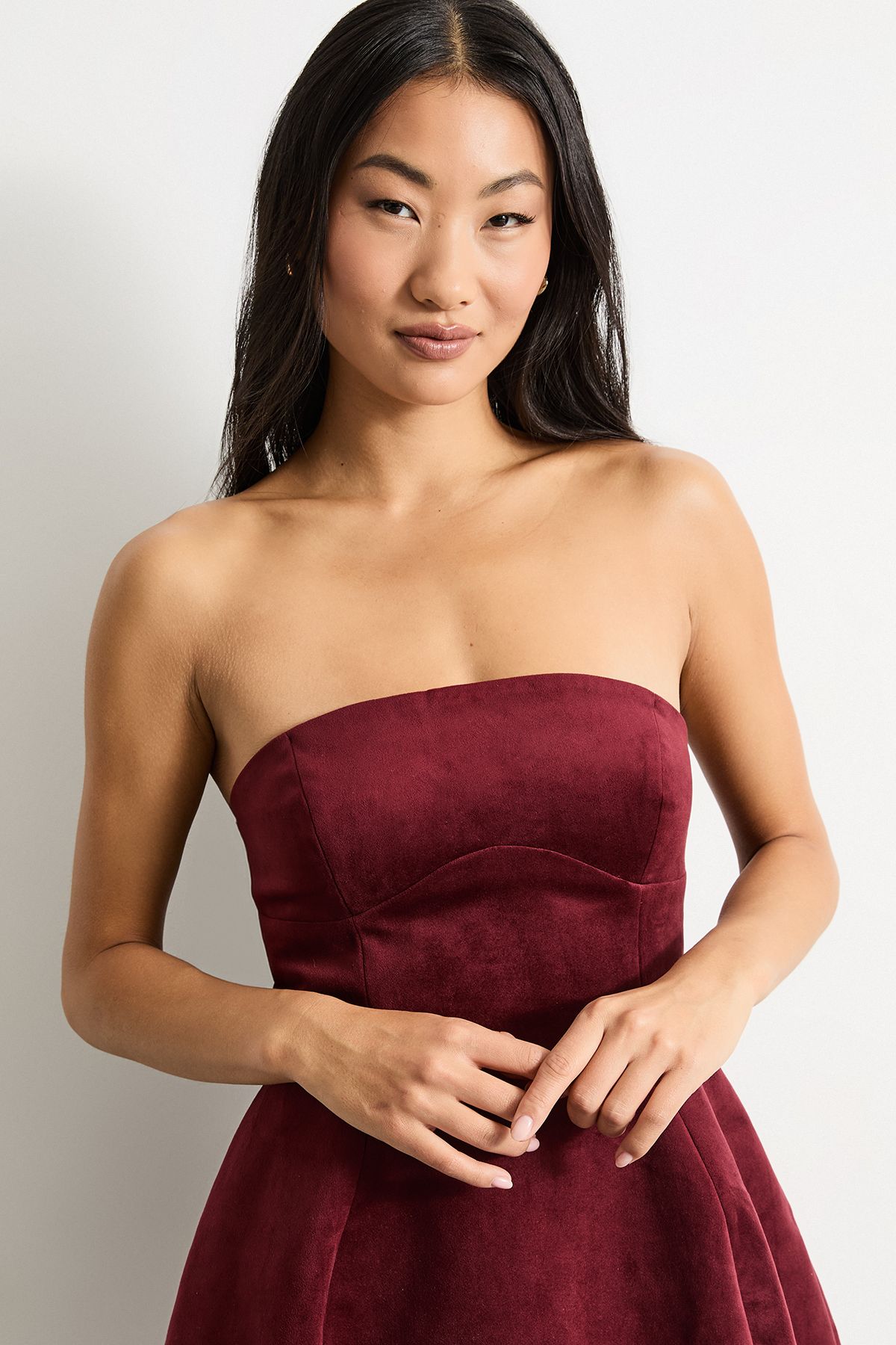 Warehouse Petite Bonded Velvet Mini Bustier Dress Burgundy image 2