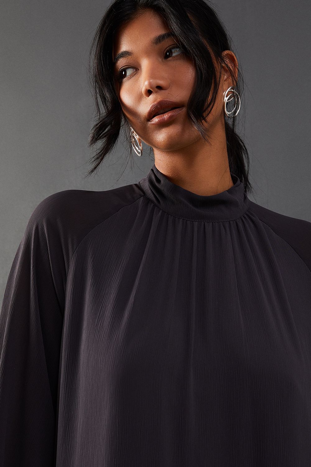 Warehouse Chiffon Drop Hem High Neck Flare Sleeve Mini Swing Dress Grey image 2