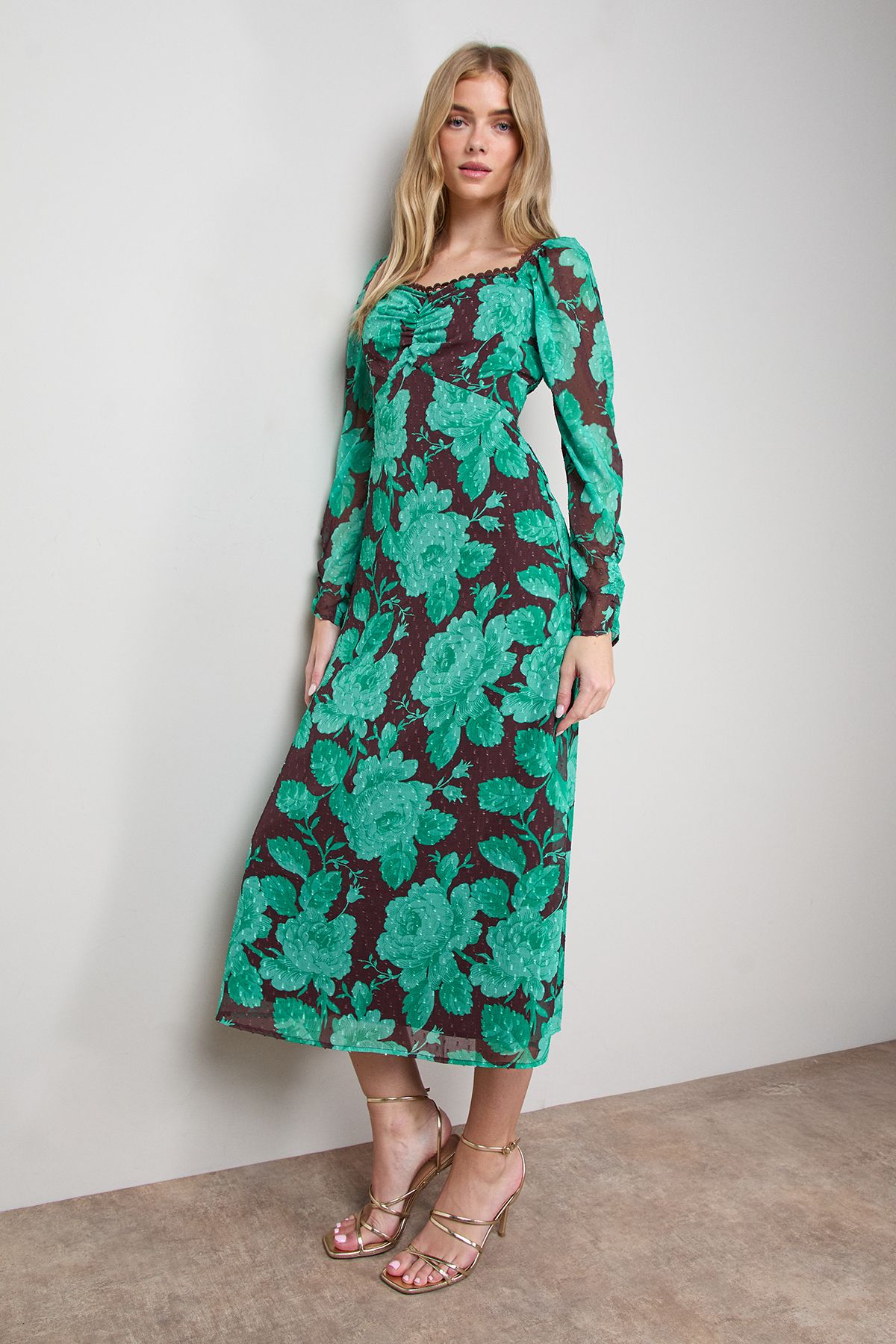 Oasis Printed Chiffon Shoulder Detail Shirred Back Midi Dress Green image 2
