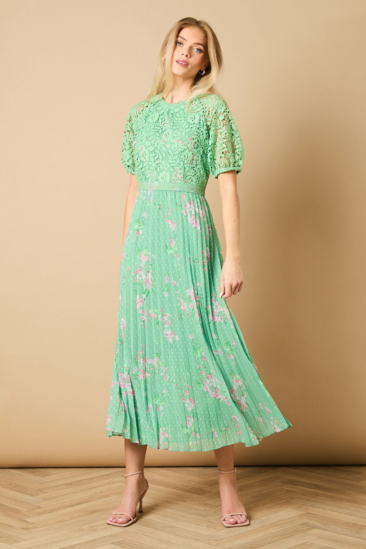 Oasis Occasion Floral Lace Bodice Pleated Midi Dress Sage image 1