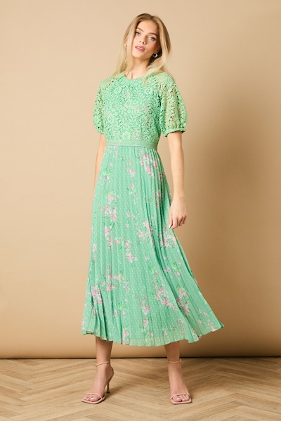 Oasis Occasion Floral Lace Bodice Pleated Midi Dress Sage