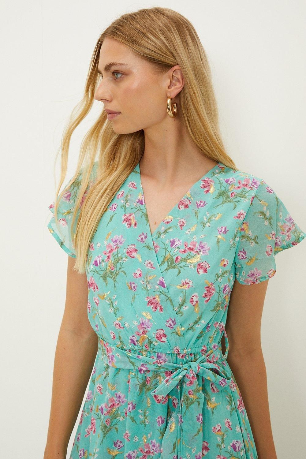 Oasis Pretty Floral Frill Detail Wrap Midi Dress Turquoise image 2