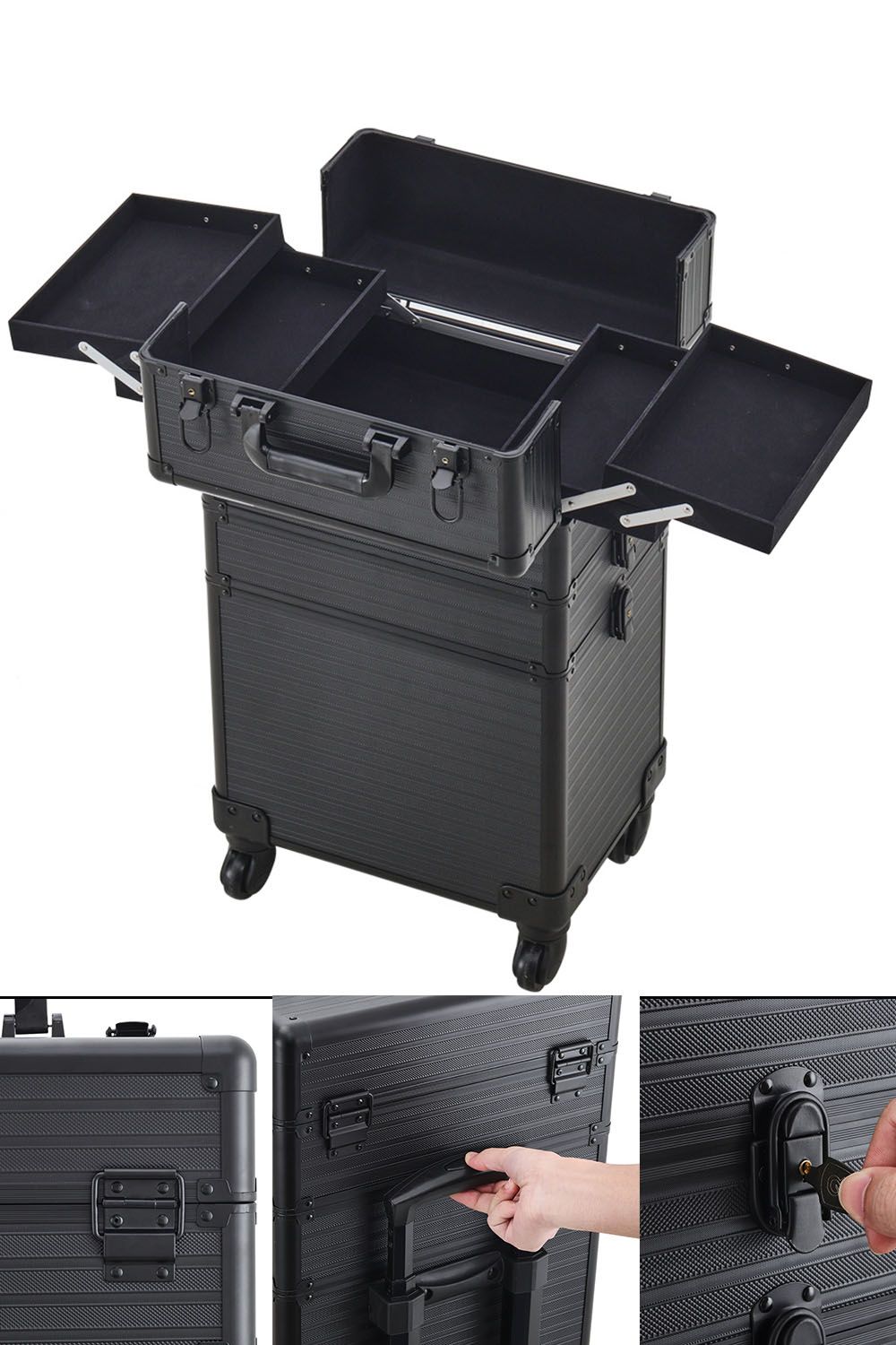 Living and Home 3 in 1 Professional Removable Cosmetic Makeup Train Case Black image 2