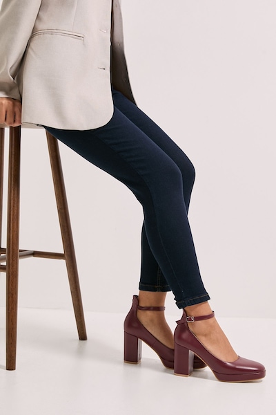Dorothy Perkins Vanessa Faux Leather Platform Ankle Strap High Block Heel Court Shoes Burgundy