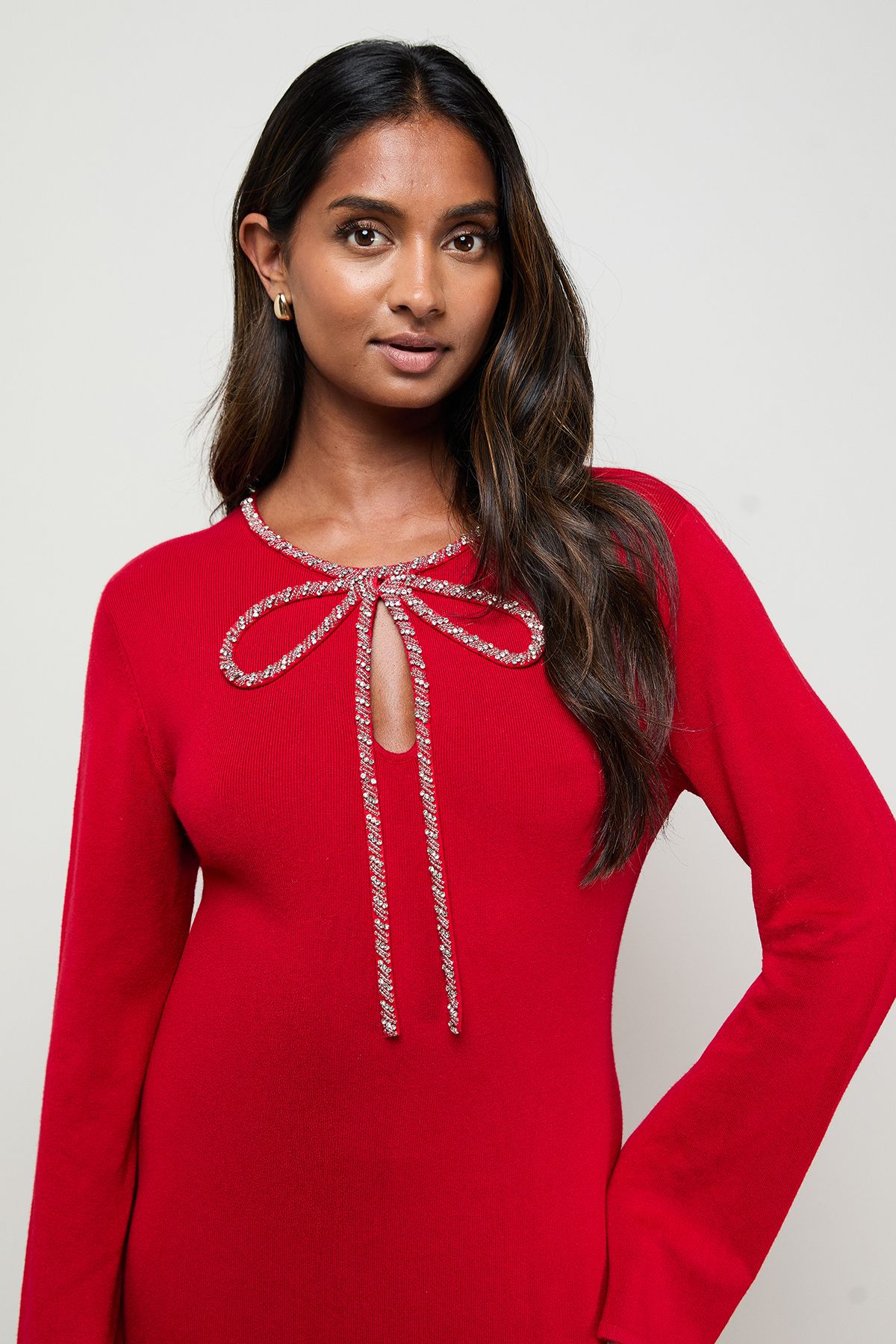 Oasis Embellished Bow Knitted Dress Red image 4
