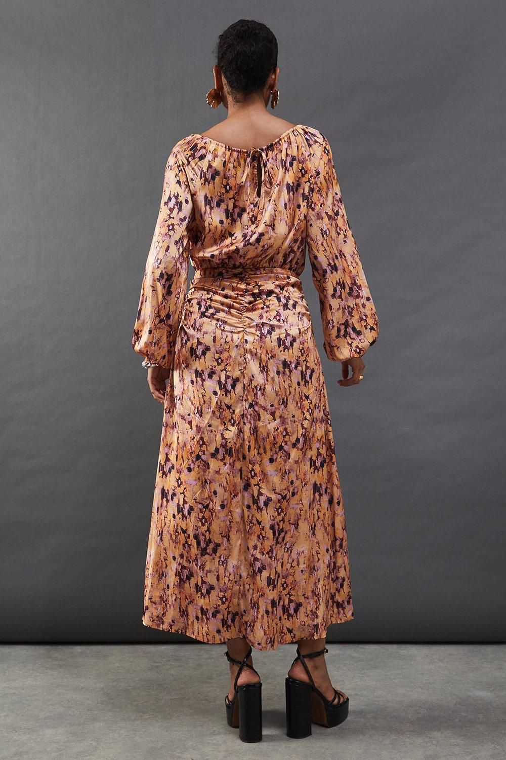 Warehouse Print Satin Ruched Front Midi Dress Orange image 3