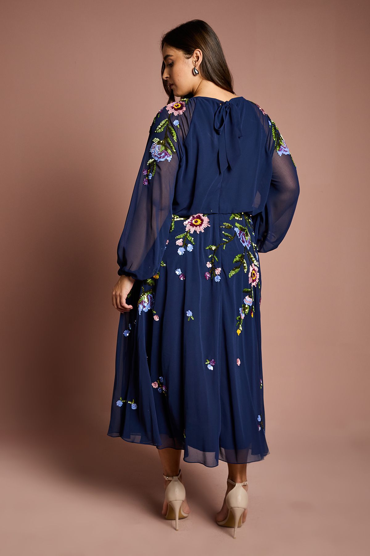 Coast Plus Size Long Sleeve Floral Embellished Sequin Midi Dress Navy image 3