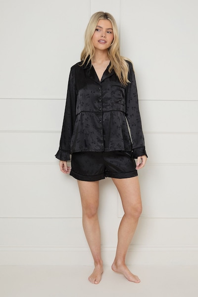 Oasis Jacquard Bow Detail Satin Pyjama Short Set Black