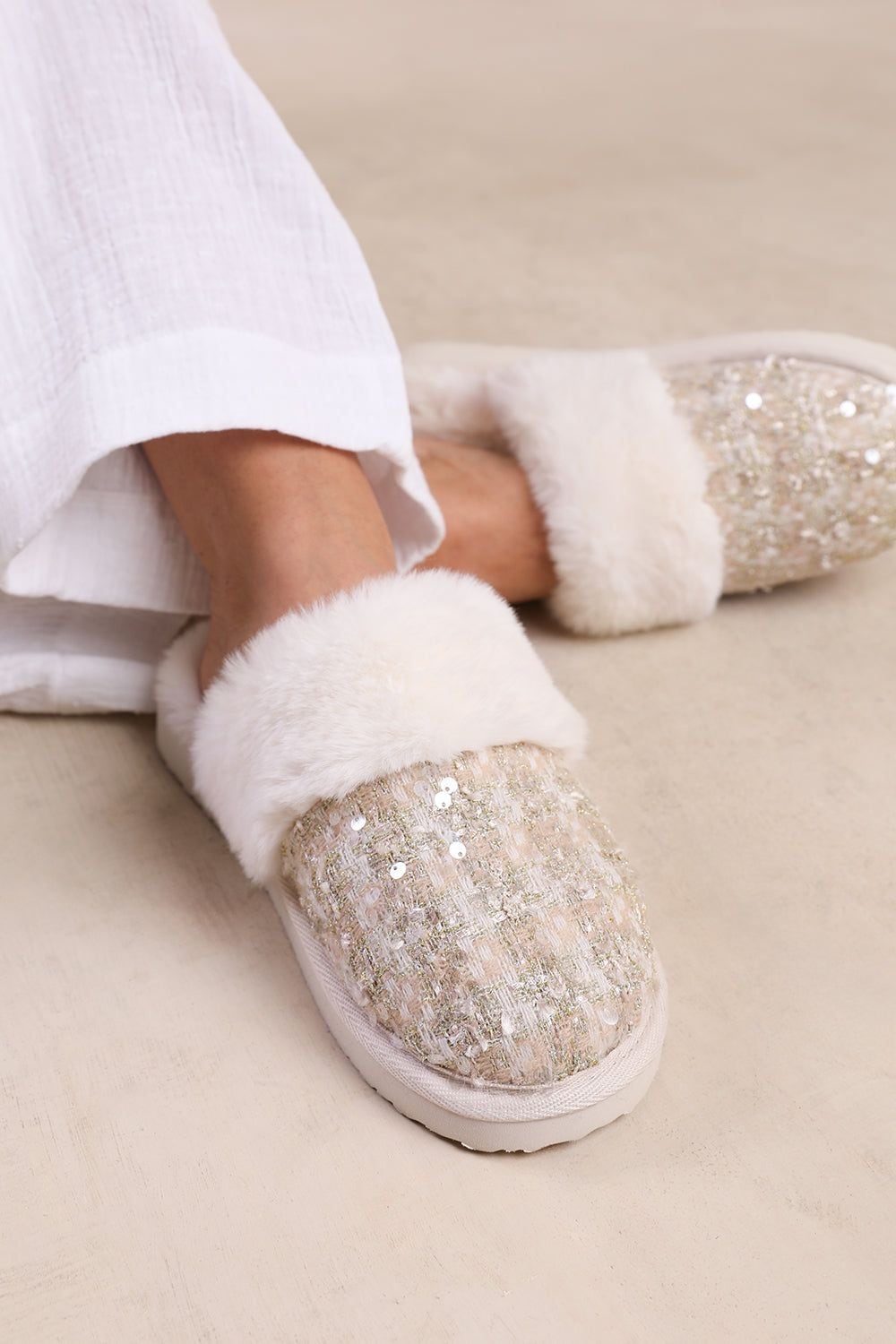 Where's That From 'Snuggle' Slip On Sequin Slippers With Fur Trim