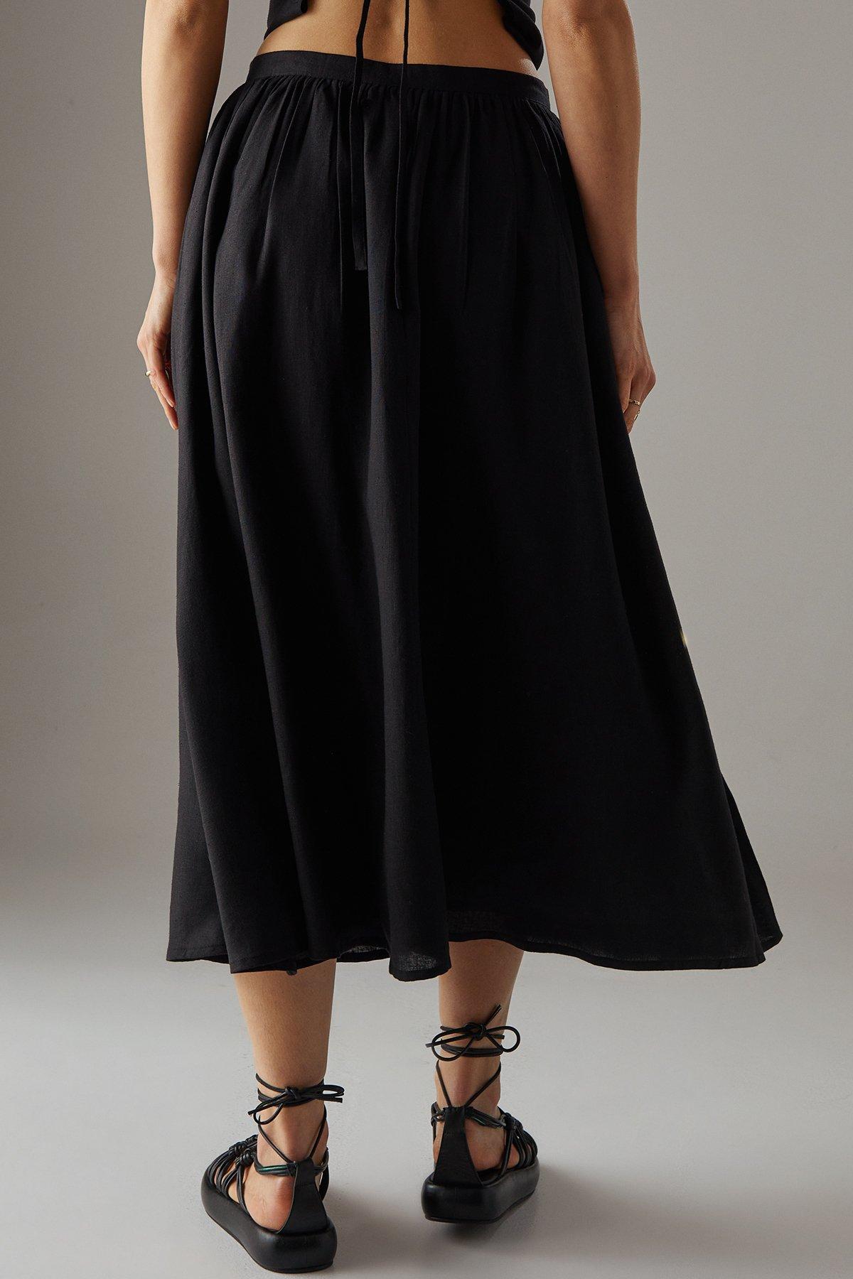 Warehouse Premium Linen Blend Drop Waist Button Through Maxi Skirt Black image 3