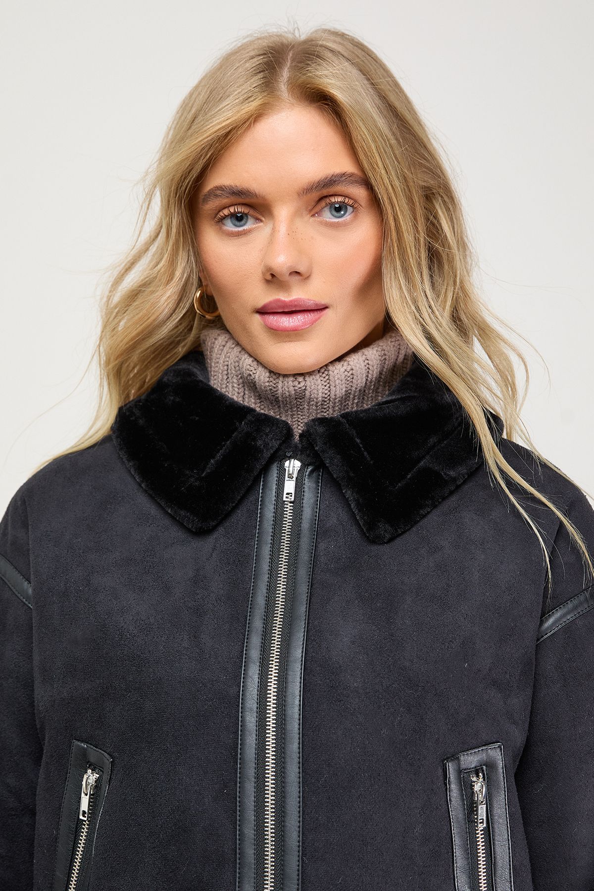 Oasis Zip Through Faux Leather Short Aviator Jacket Black image 5