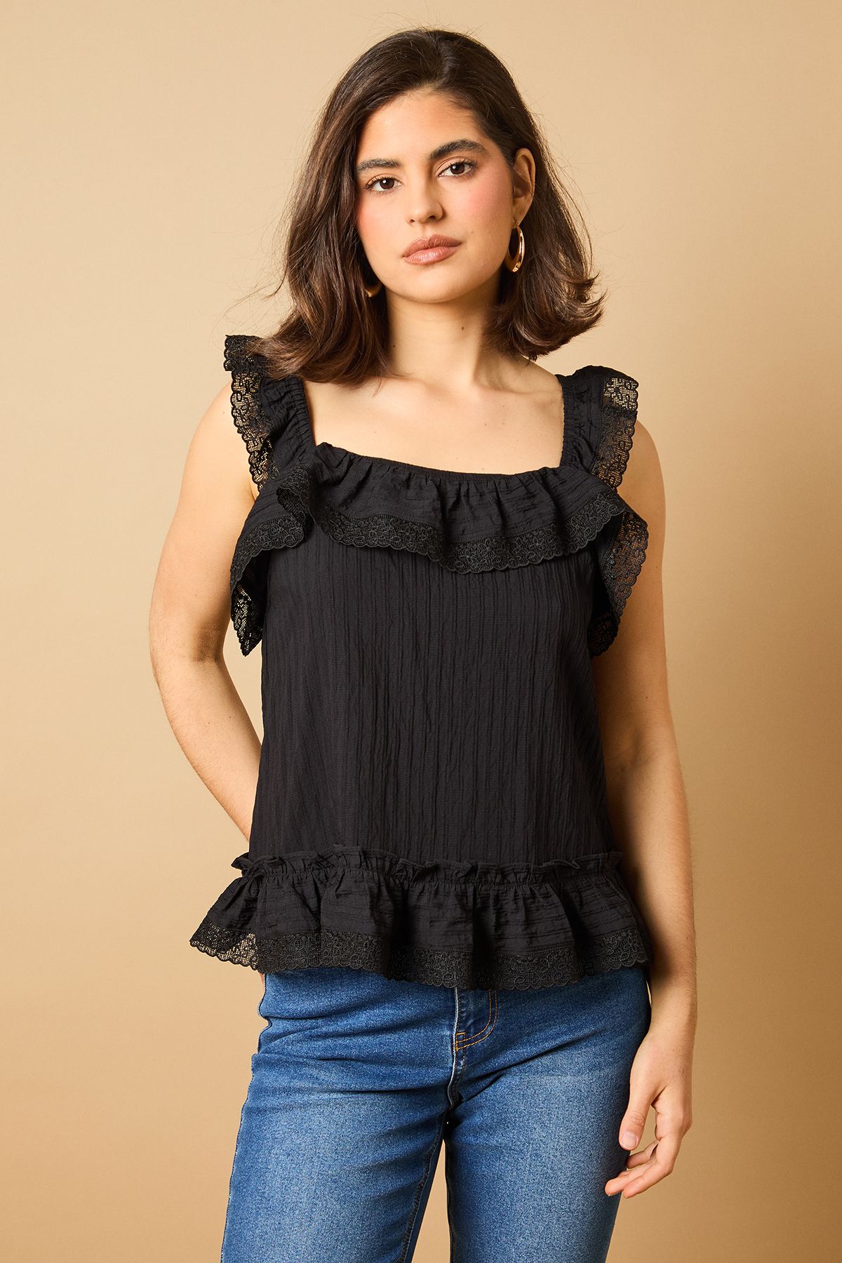 Oasis Broderie Frill Detail Top Black image 2
