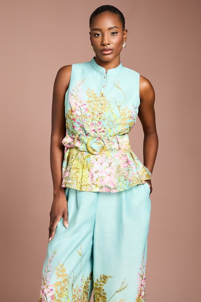 Coast Placement Print Button Through Belted Blouse Duck Egg Blue