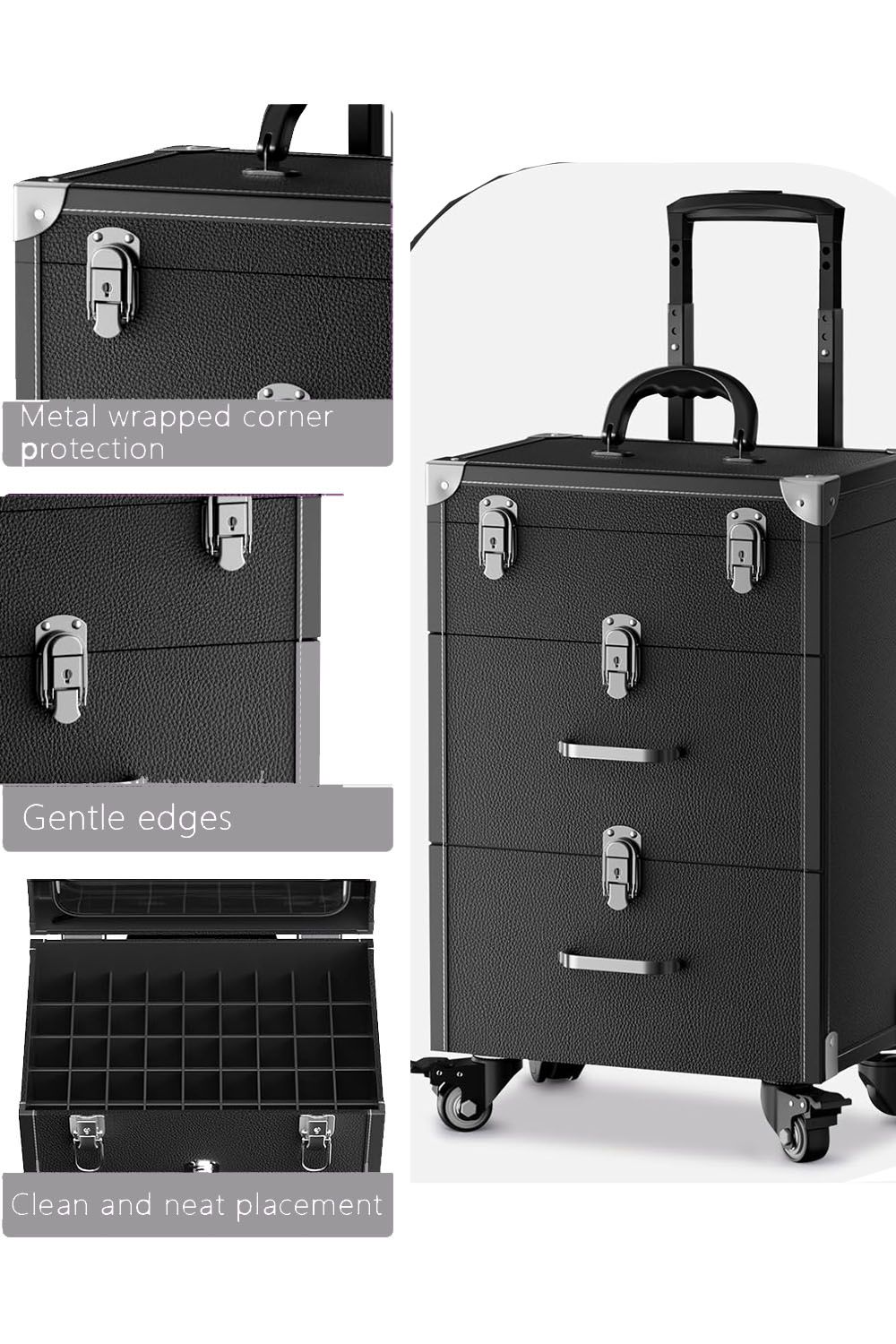Living and Home Professional 3-in-1 Rolling Cosmetic Cases Makeup Trolley Nail Luggage Storage Organizer image 4
