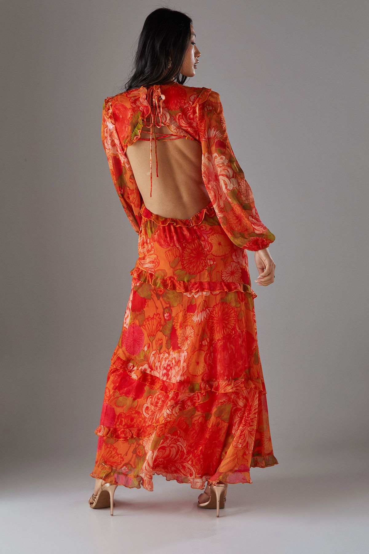 Warehouse Petite Chiffon Cut Out Waist Ruffe Maxi Dress Floral image 4