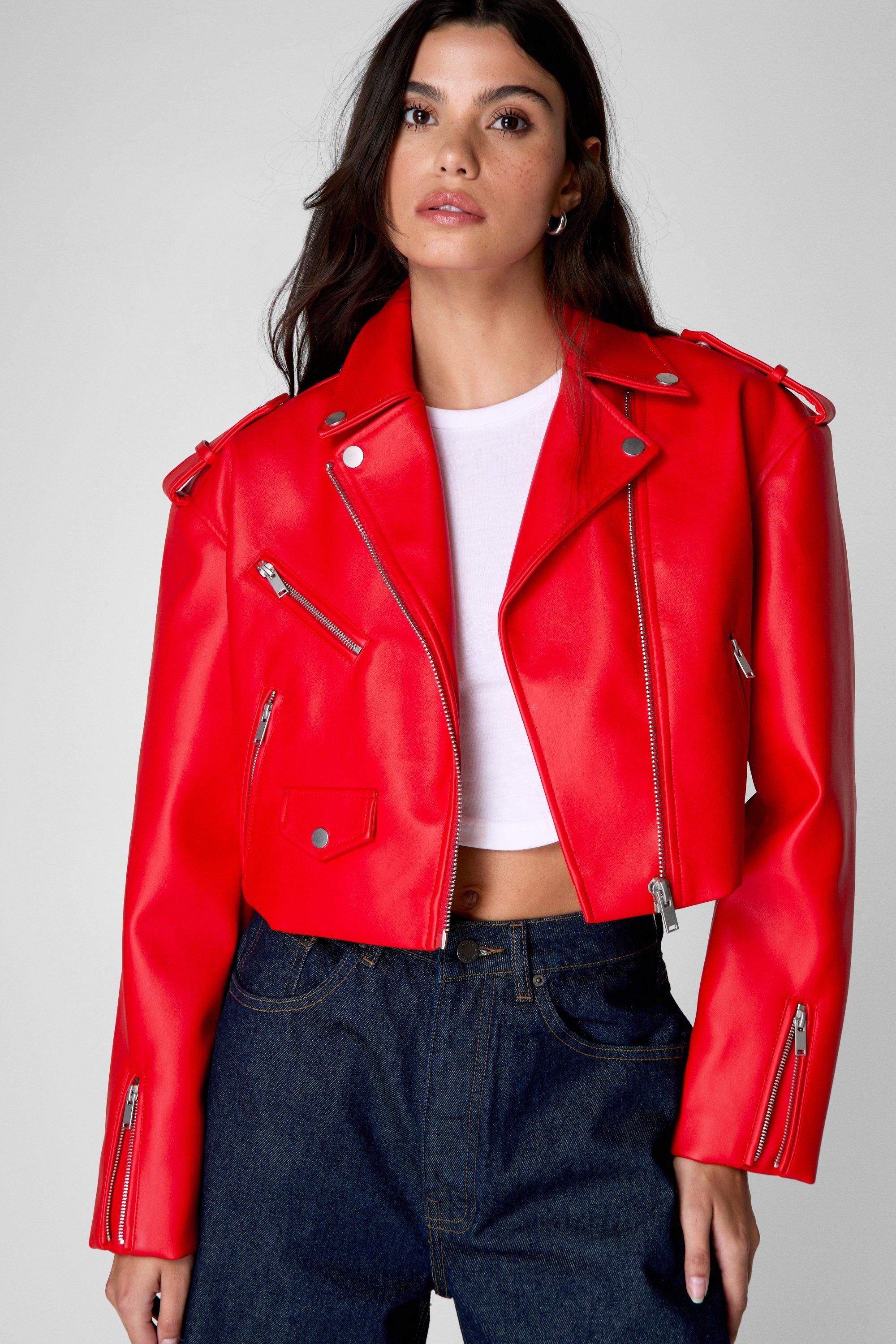 NastyGal Essentials Cropped Faux Leather Boxy Biker Red image 1