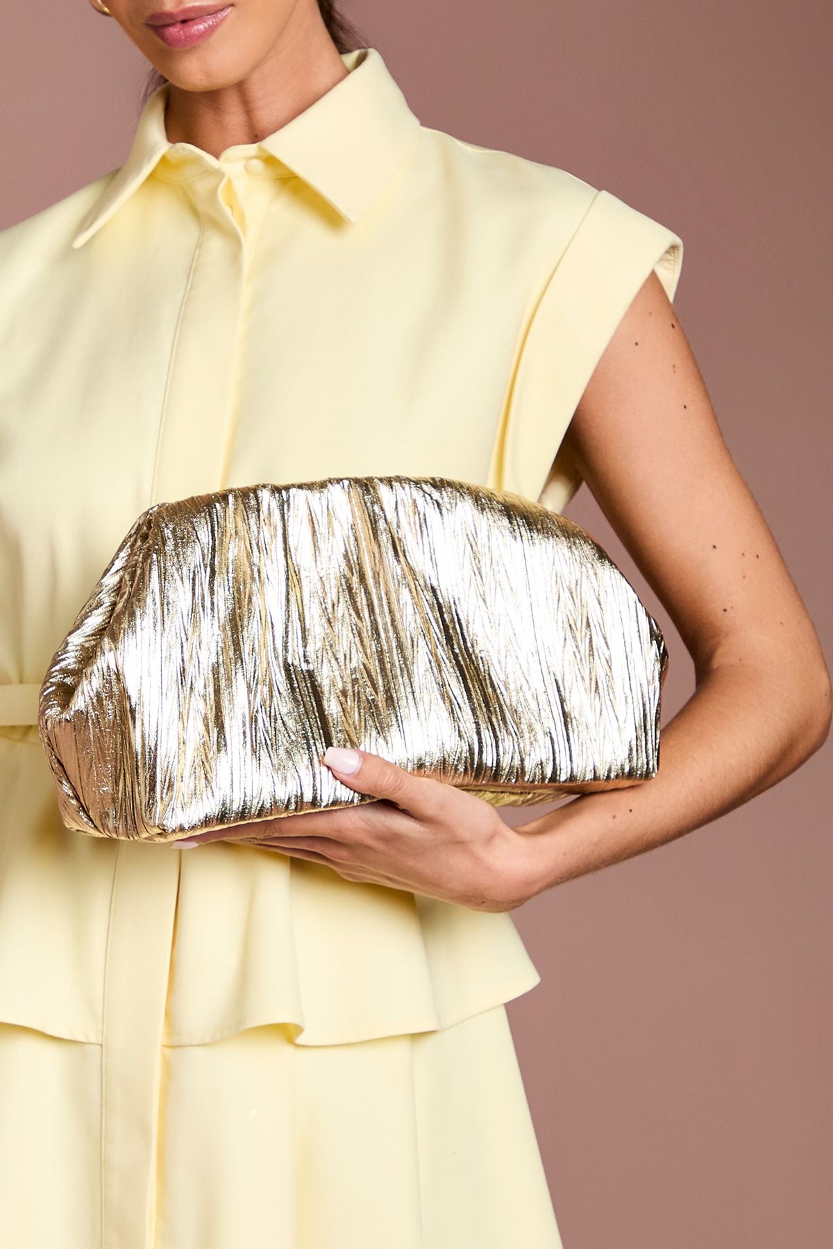 Coast Oak Metallic Ruched Clutch Bag Gold image 2