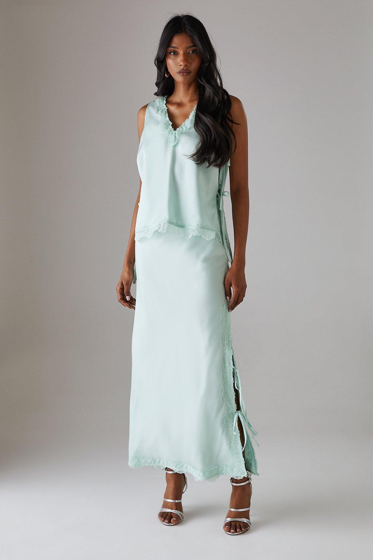 Warehouse Satin Lace Bias Midi Skirt Pale Blue image 2