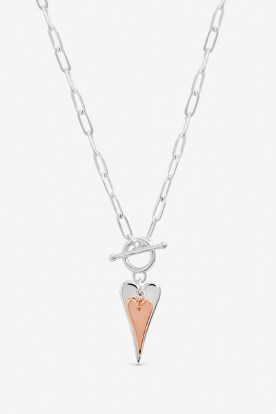 Inicio Sterling Silver Plated Two Tone T-Bar Heart Necklace - Gift Pouch