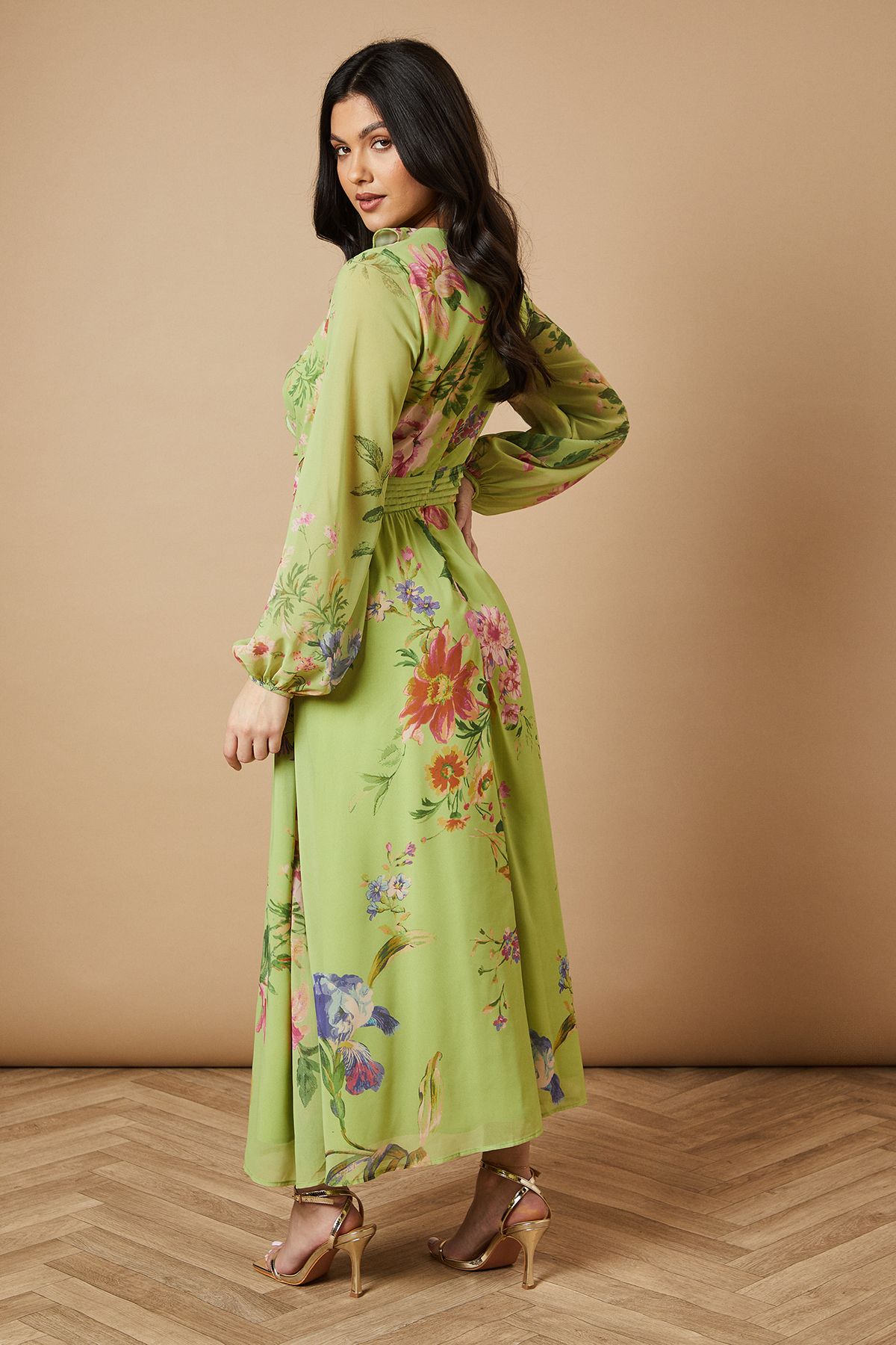 Oasis Printed Cut Out Long Sleeve Midi Dress Green image 3