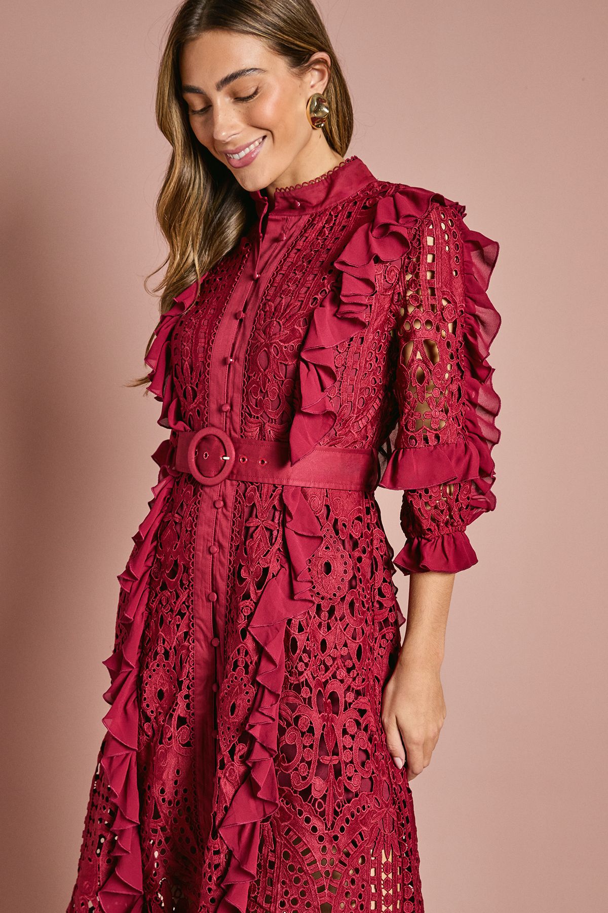 Coast Lace Ruffle Shirt Dress With Tie Burgundy image 2