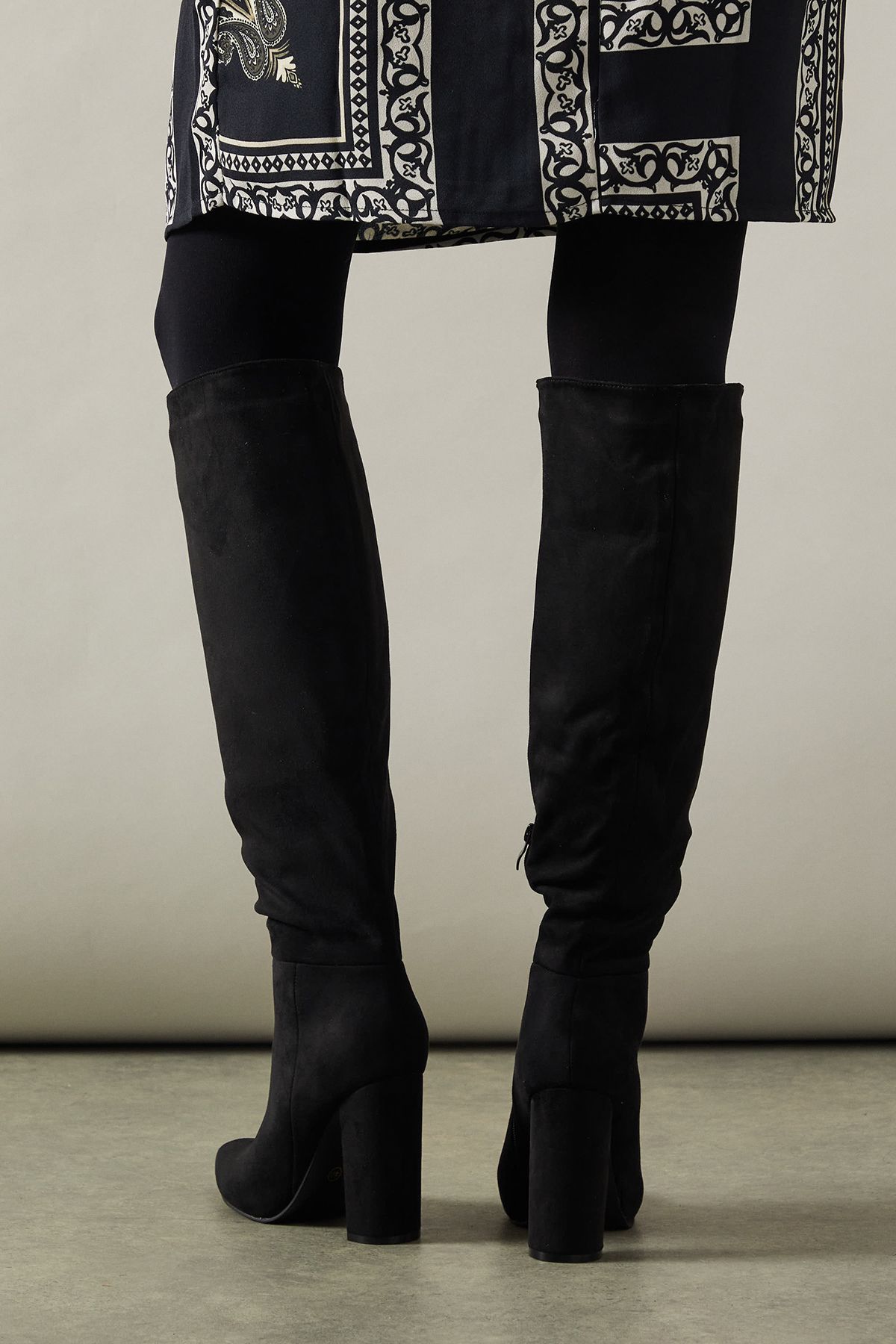 Oasis Kenia Faux Suede High Block Heel Pointed Knee Boot Natural Black image 3