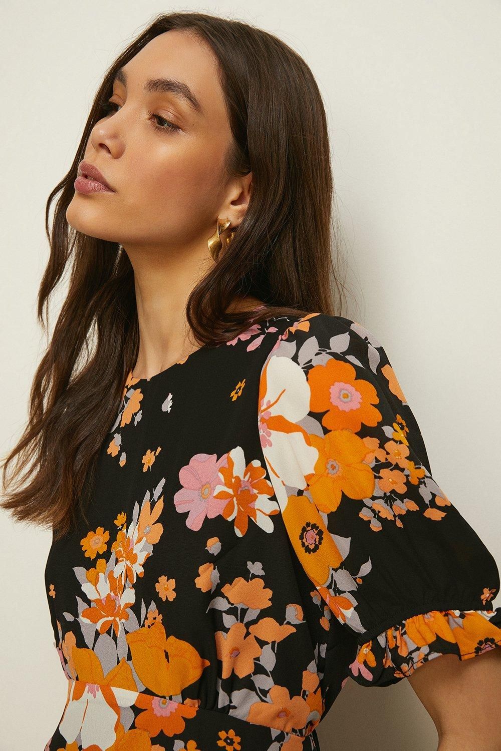 Oasis Vibrant Floral Puff Sleeve Skater Tea Dress Multi image 2