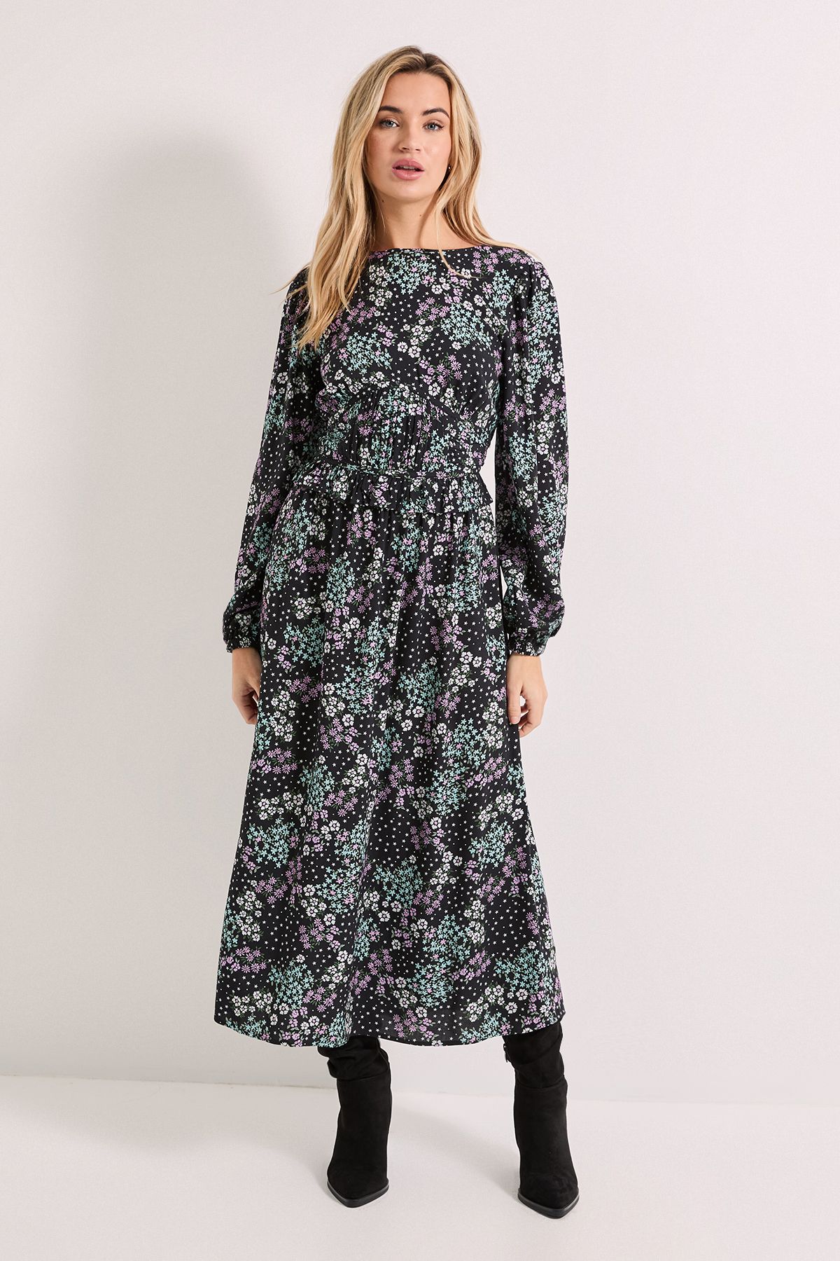 Dorothy Perkins Gathered Waist Detail Blouson Sleeve Printed Midi Dress Floral image 1