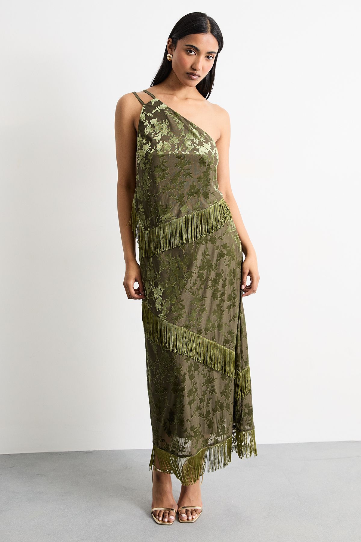 Warehouse Devore One Shoulder Fringe Cami Top Khaki image 2