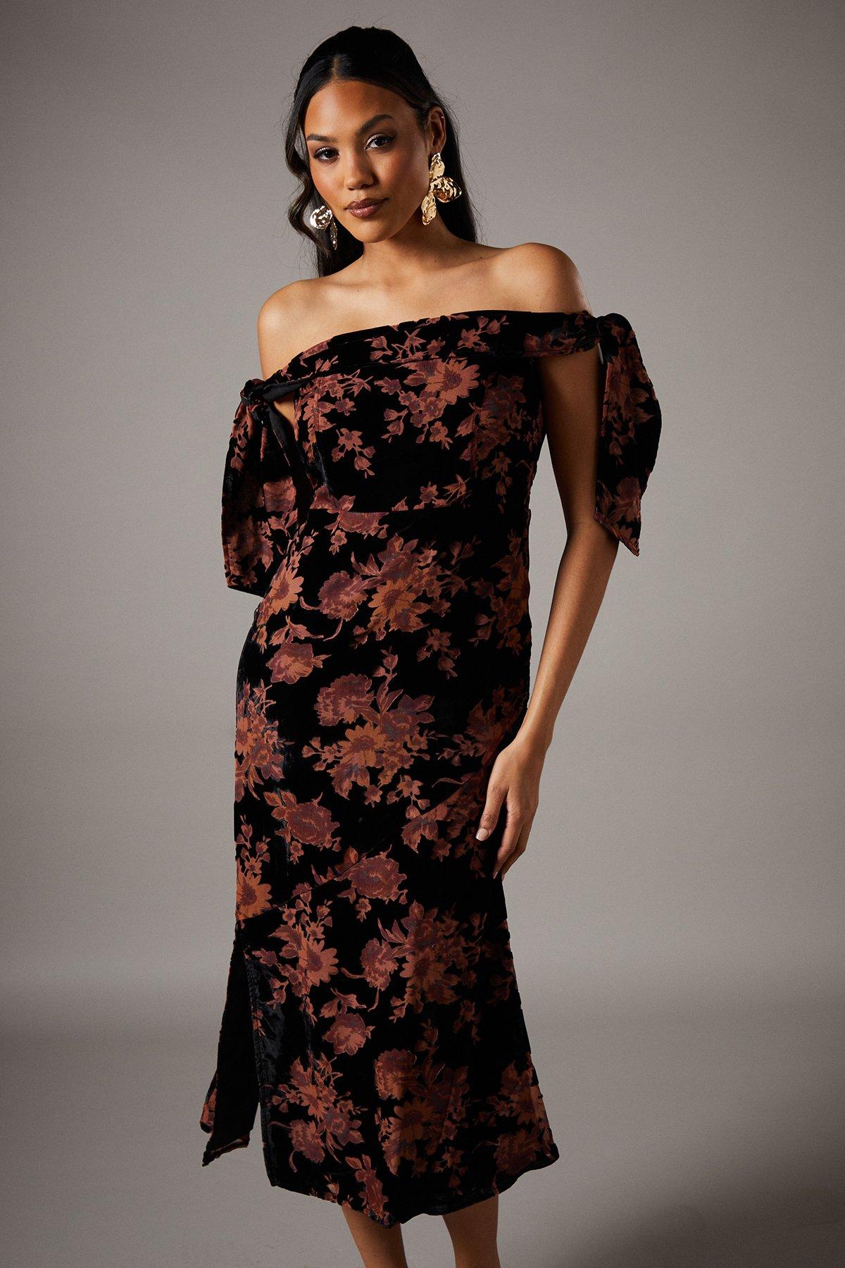 Coast Velvet Bardot Midi Wedding Guest Dress Black image 2