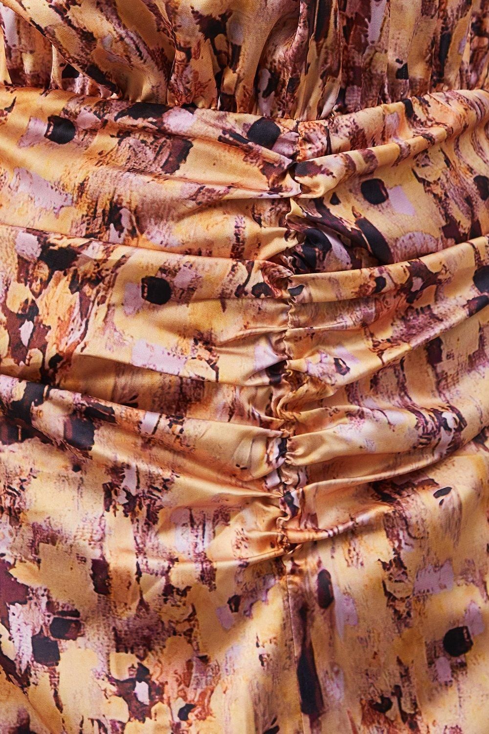 Warehouse Print Satin Ruched Front Midi Dress Orange image 5