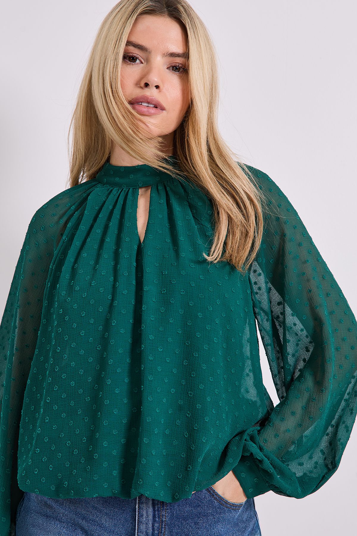 Dorothy Perkins Tie Neck Keyhole Blouson Sleeve Blouse Forest image 2