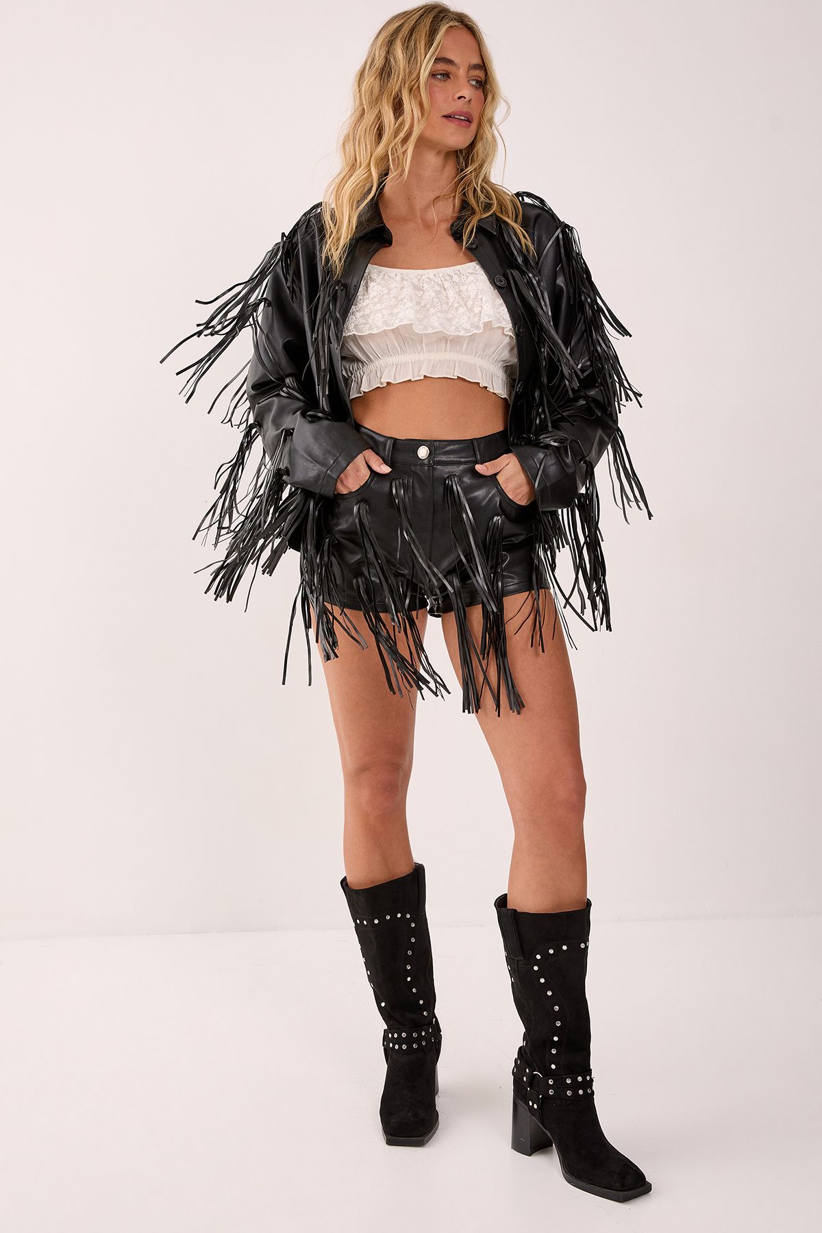 NastyGal Faux Leather Tassel Shorts Black image 1