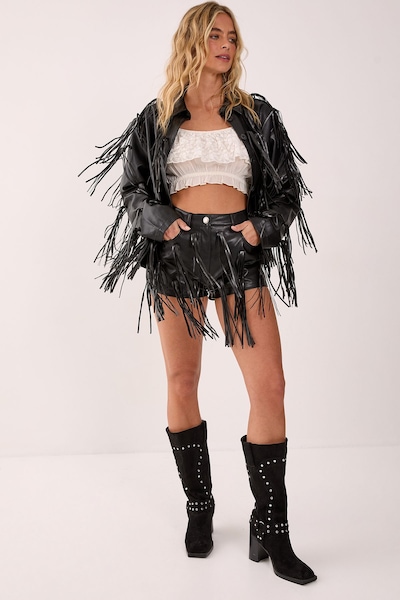 NastyGal Faux Leather Tassel Shorts Black