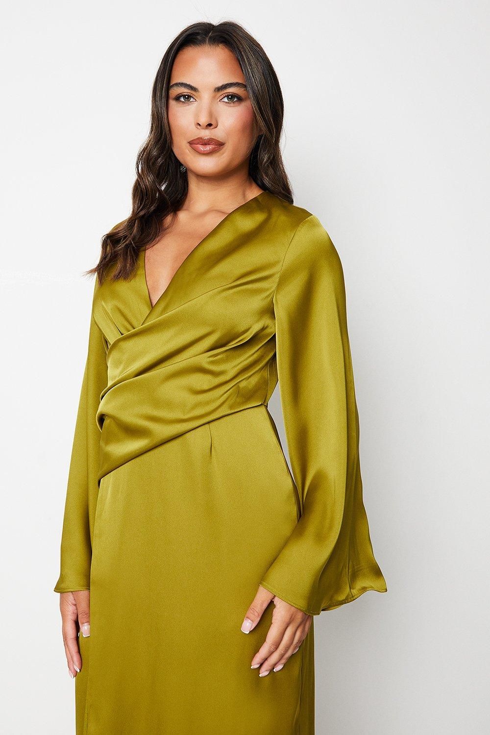 Coast Satin Wrap Dress With Flare Sleeve Olive image 2