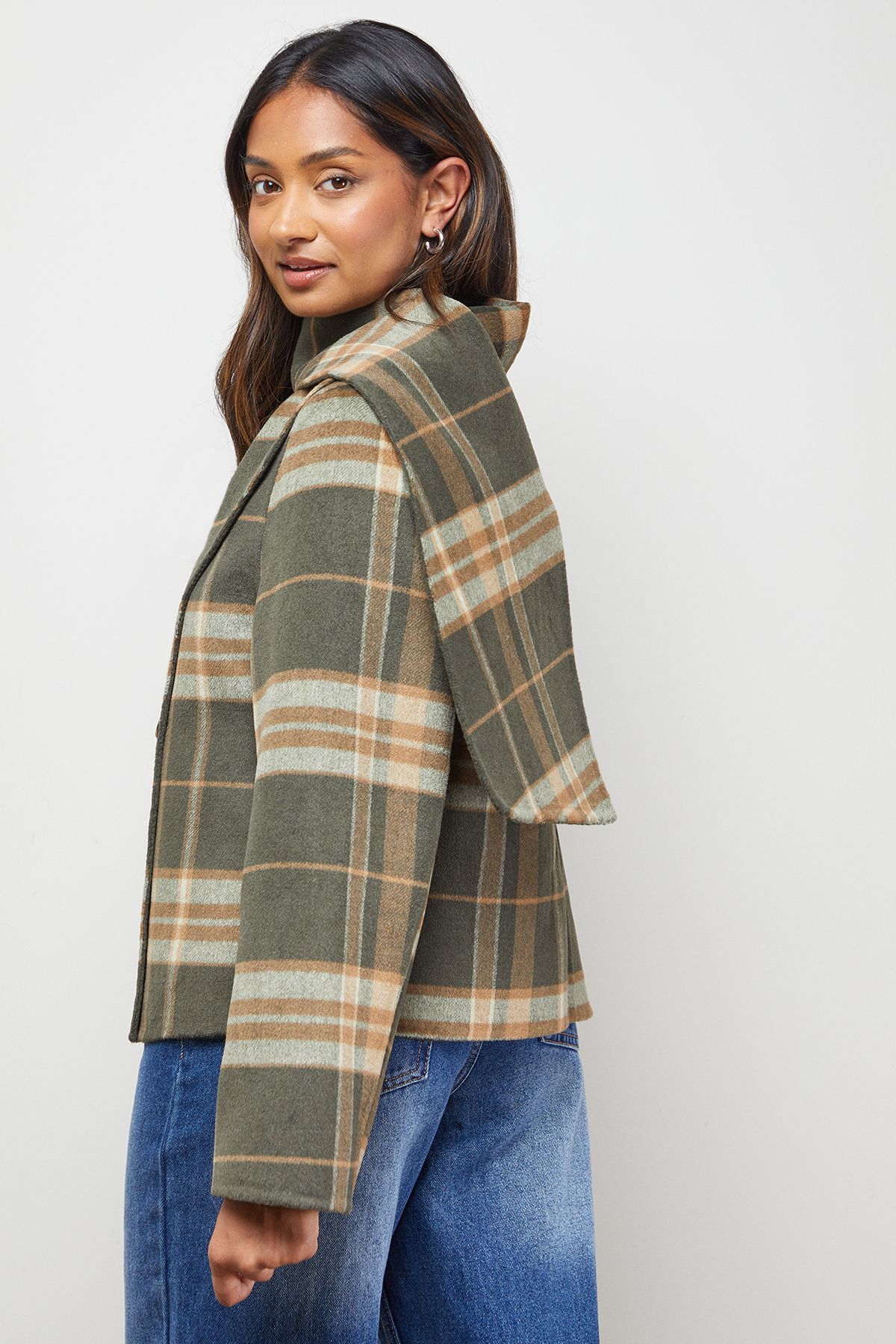 Oasis Check Scarf Longline Jacket Coat Taupe image 3