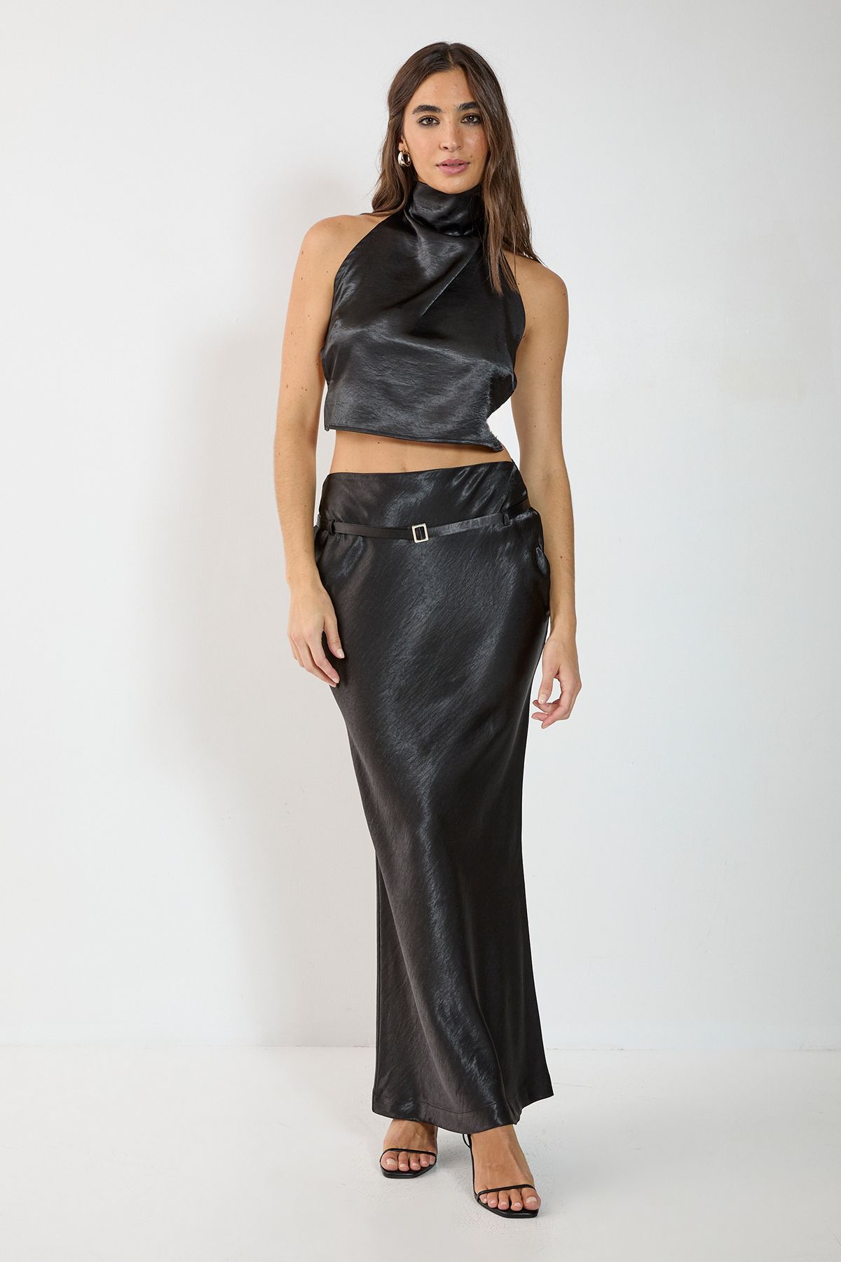 NastyGal Satin High Neck Cowl Strappy Buckle Back Crop Top Black image 2