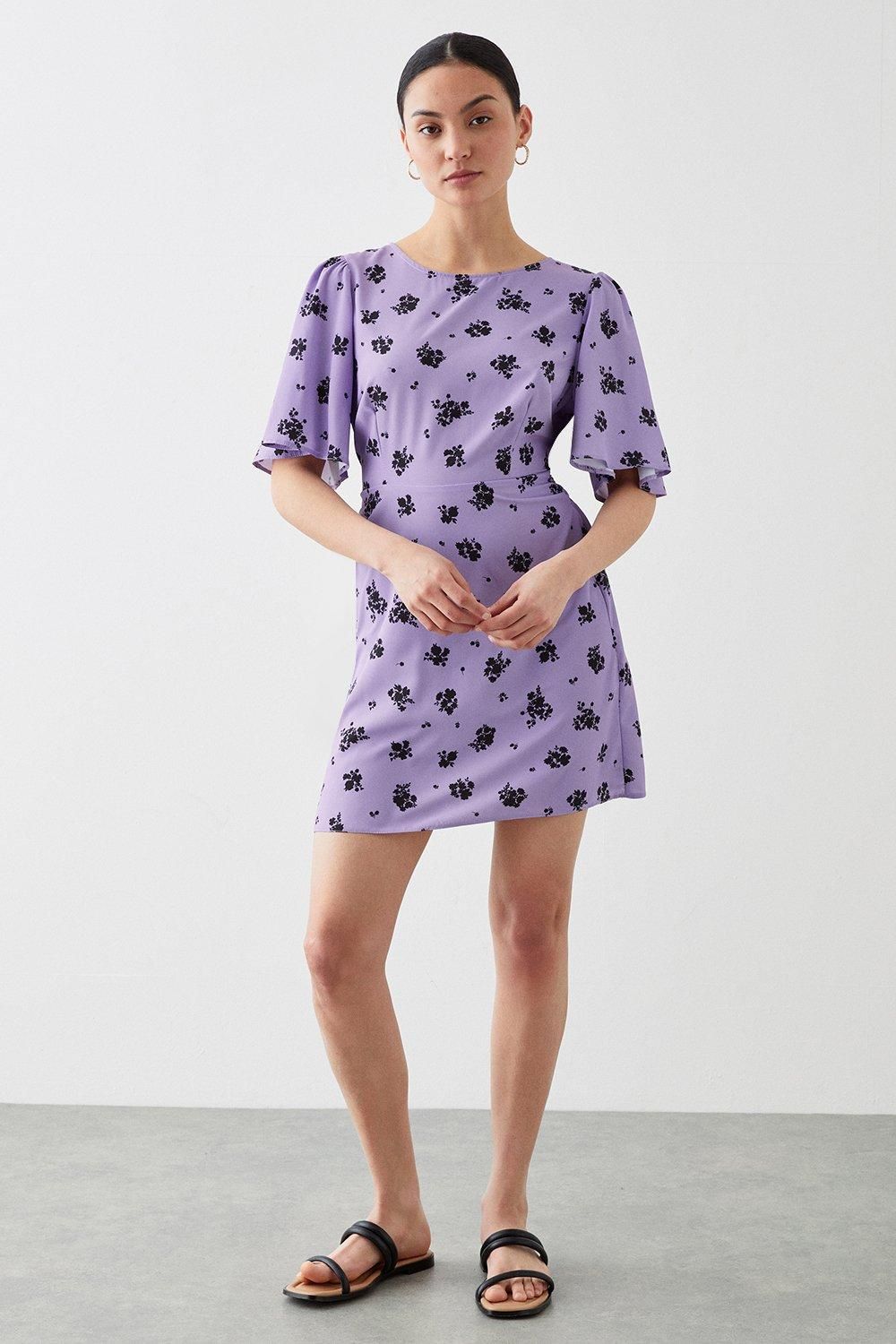 Dorothy Perkins Petite Lilac Ditsy Print Tie Waist Mini Dress Lilac image 1