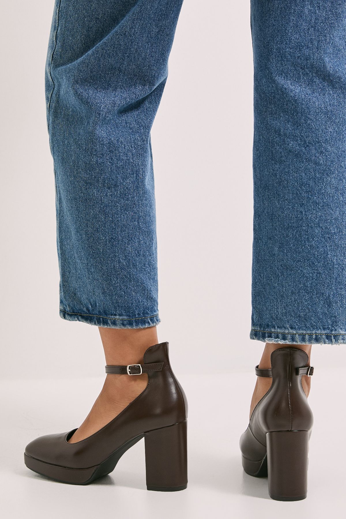 Dorothy Perkins Vanessa Faux Leather Platform Ankle Strap High Block Heel Court Shoes Chocolate image 3