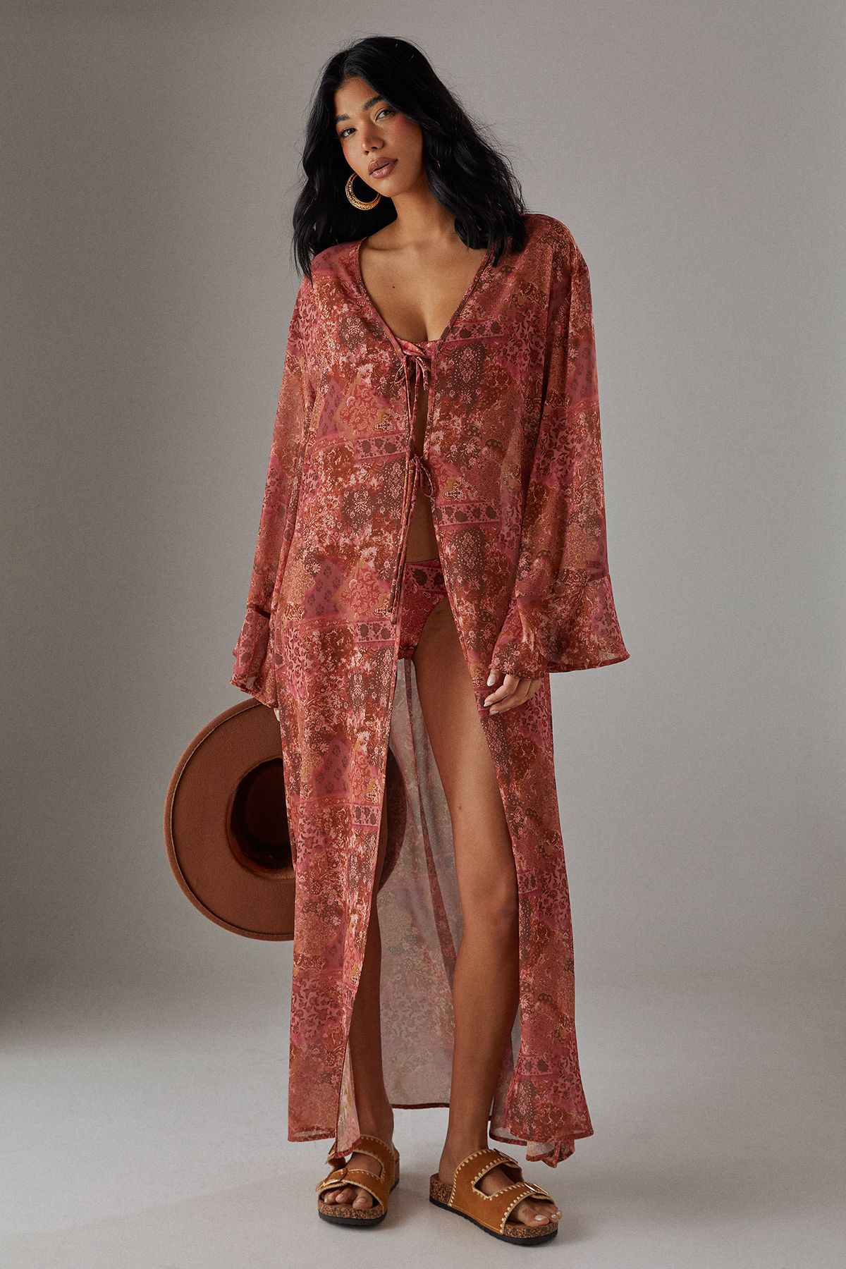 Warehouse Printed Maxi Tie front Kimono Multi image 1