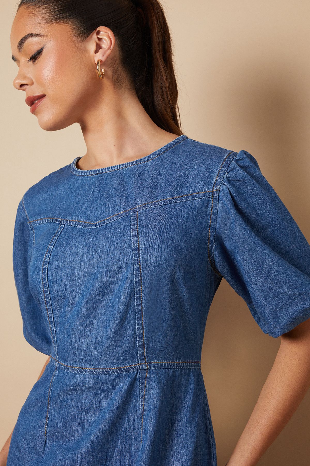 Oasis Short Puff Sleeve Detail Denim Mini Dress Mid Wash image 2