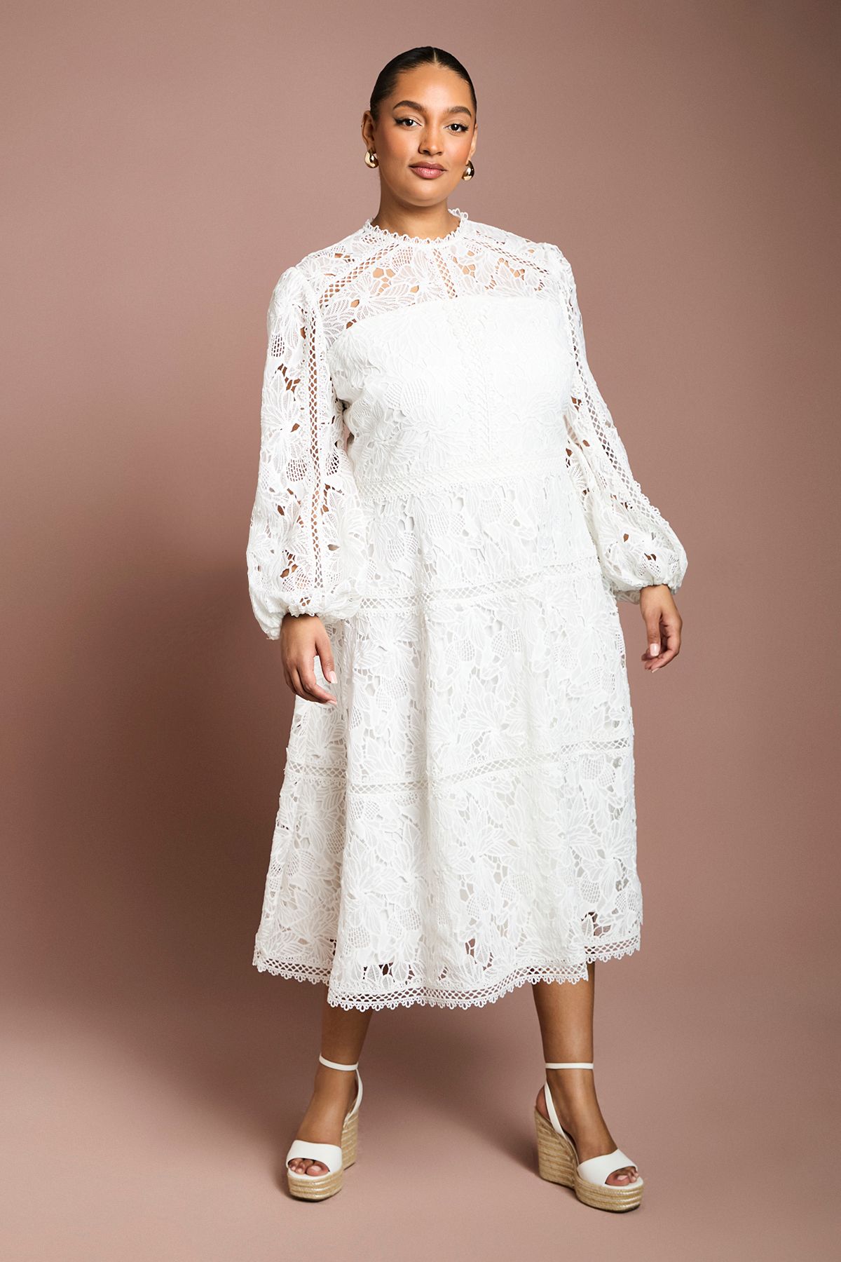 Coast Plus Lace Panelled Long Sleeve Dress Ivory