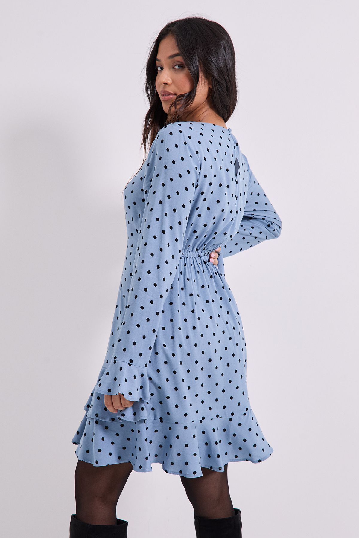 Dorothy Perkins Petite Ruffle Sleeve Frill Detail Printed Mini Dresss Blue image 3