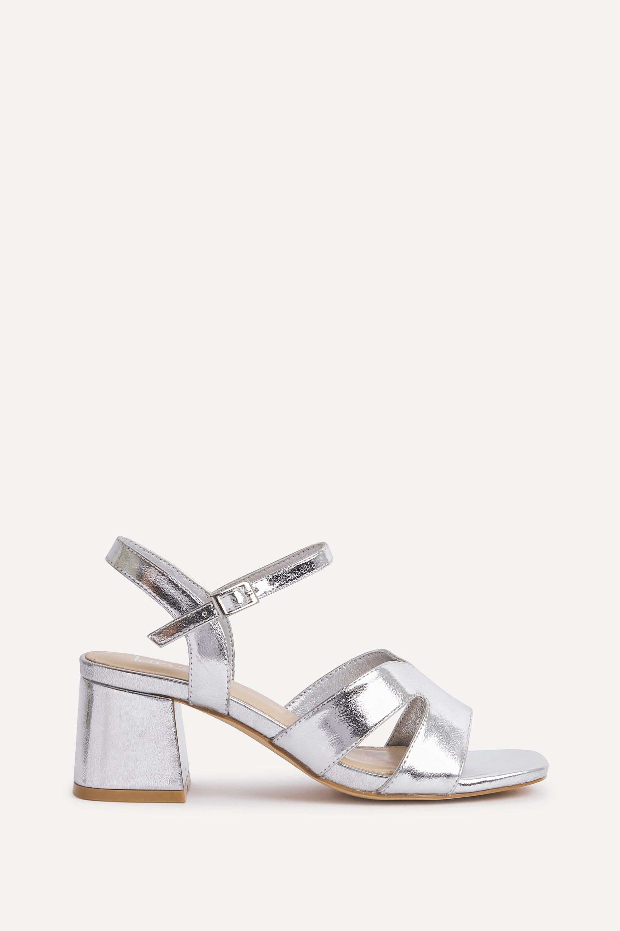 Linzi Empire Wide Fit Silver Faux Leather Link Detail Block Heels