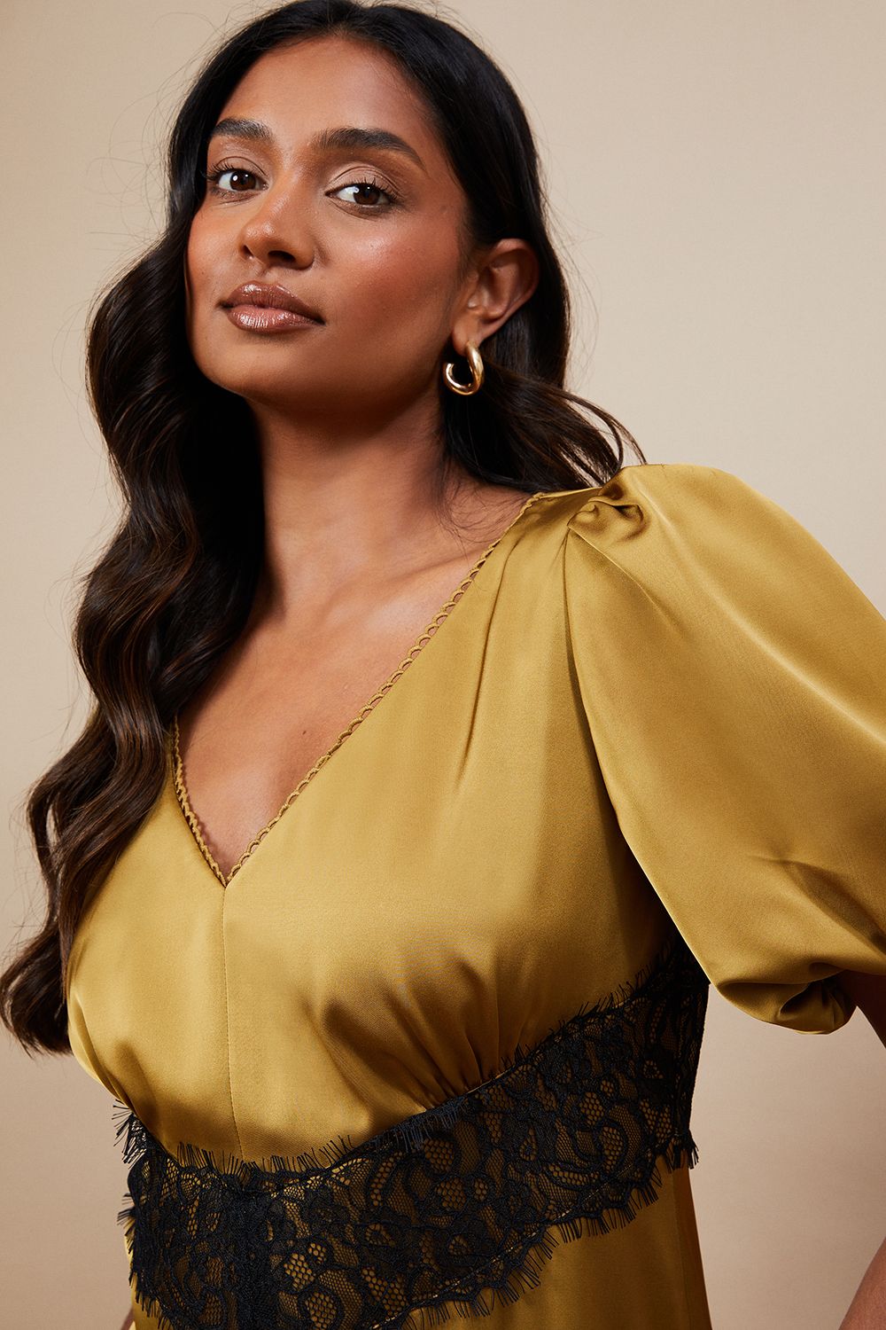 Oasis Occasion Satin Lace Waist Midi Dress Gold image 4