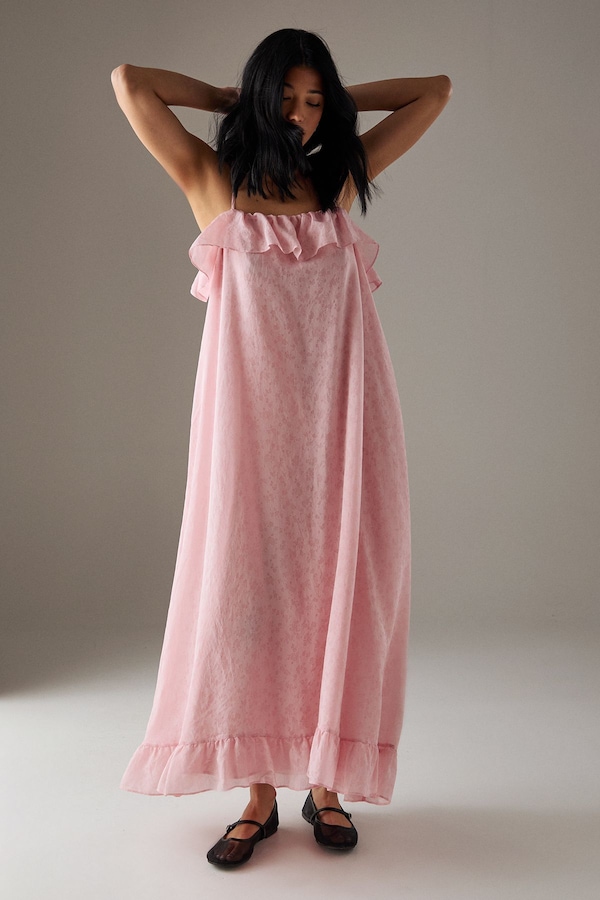 Warehouse Rose Organza Strappy Frill Midi Sundress Pink